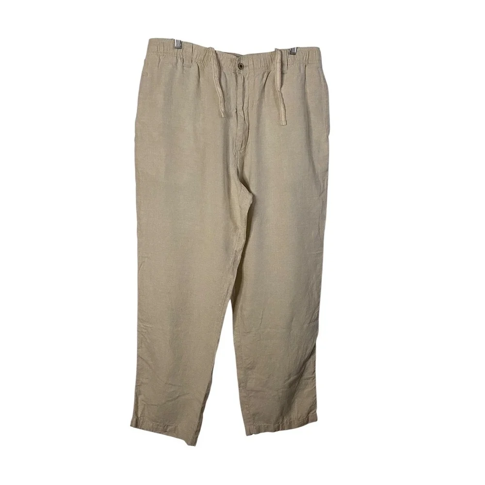 Caribbean Mens 100% Linen Pants Beige Drawstring Elastic Waist 38x32 Relaxed Fit